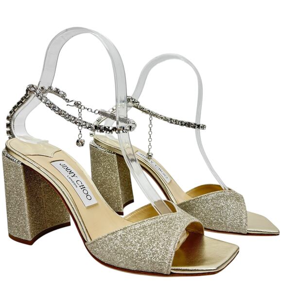 New Jimmy Choo Saeda Block Heel Glitter Crystals Sandals Platinum Size 38 - Picture 1 of 14